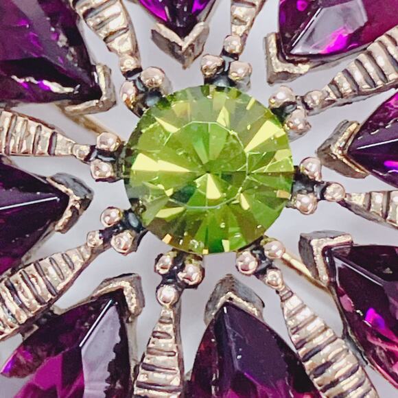 Signed Graziano Jewel Tone Green Purple Rhinestone Floral Brooch 1980s Gold Tone - Picture 6 of 10
